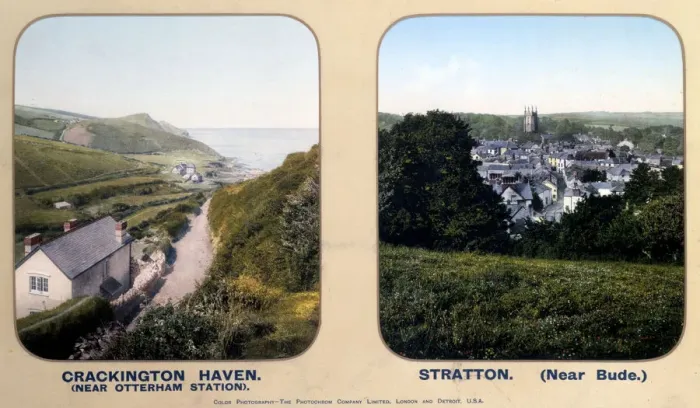 Gerahmter Druck : Stratton im Kornwalen und Crackington Haven, England, 1910er Jahre Gerahmter Druck : Stratton im Kornwalen und Crackington Haven, England, 1910er Jahre
