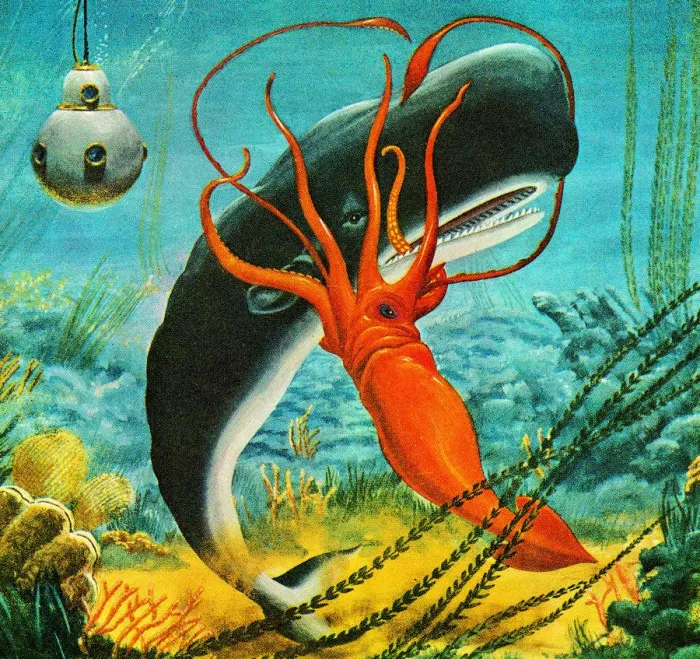 Gerahmter Druck : Ein Squid angreift einen Wal Gerahmter Druck : Ein Squid angreift einen Wal