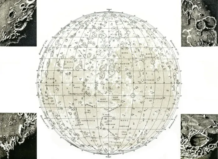 Gerahmter Druck : Lunar Map. Alte Karte des Mondes mit Fotos isoliert auf weiß Gerahmter Druck : Lunar Map. Alte Karte des Mondes mit Fotos isoliert auf weiß