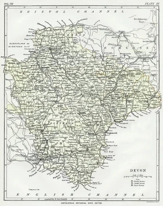 Gerahmter Druck : Karte von Devon, 1883