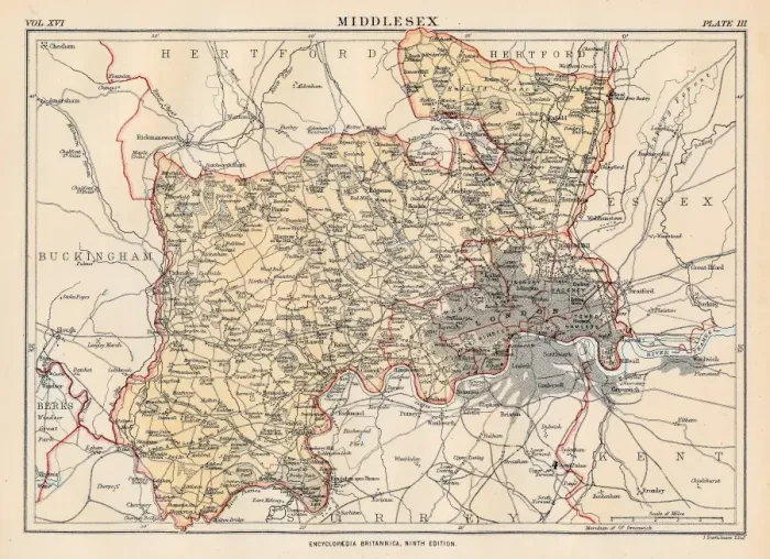 Gerahmter Druck : Karte von Middlesex aus dem Jahr 1883 Gerahmter Druck : Karte von Middlesex aus dem Jahr 1883