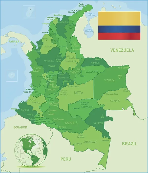 Gerahmter Druck : Grüner Atlas von Kolumbien - Staaten, Städte und Flagge Gerahmter Druck : Grüner Atlas von Kolumbien - Staaten, Städte und Flagge