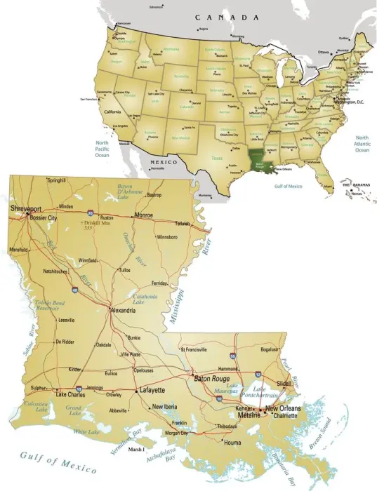 Gerahmter Druck : Louisiana. Bildillustration eines Vektors der Karte von Louisiana mit Hauptstraßen Gerahmter Druck : Louisiana. Bildillustration eines Vektors der Karte von Louisiana mit Hauptstraßen