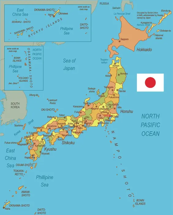 Gerahmter Druck : Karte Japans mit Flagge. Gerahmter Druck : Karte Japans mit Flagge.
