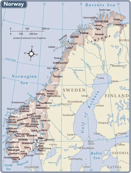 Gerahmter Druck : Norwegen Landkarte Gerahmter Druck : Norwegen Landkarte