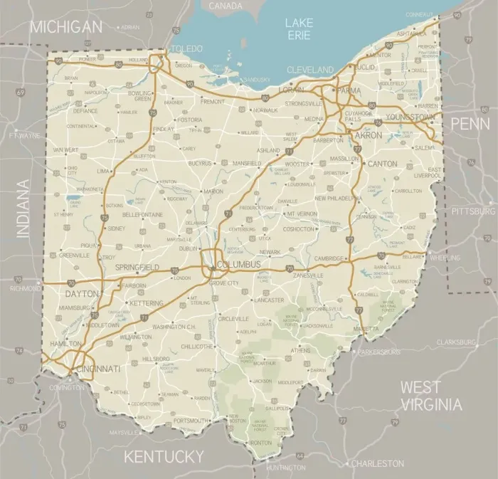 Gerahmter Druck : Ohio Map. Ein detaillierter Kartenplan von Ohio mit Städten Gerahmter Druck : Ohio Map. Ein detaillierter Kartenplan von Ohio mit Städten