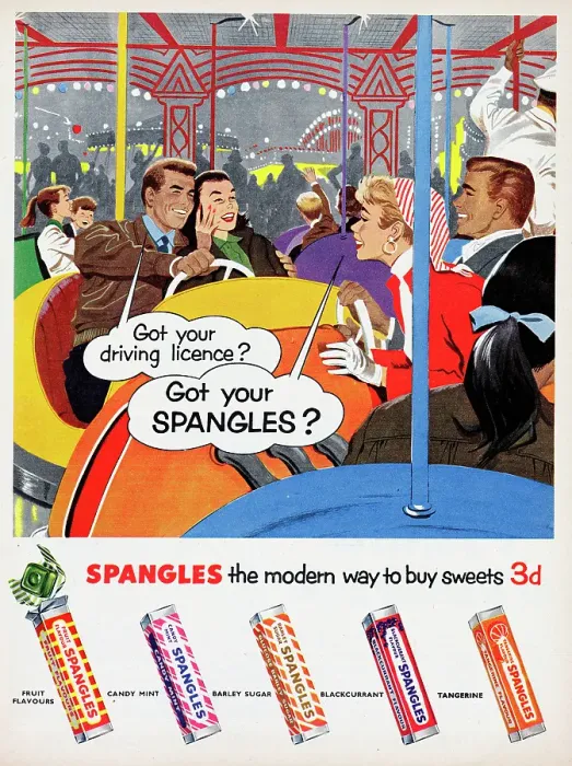 Gerahmter Druck : Spangles. 1956: Anzeige für Spangles zeigt zwei Paare Gerahmter Druck : Spangles. 1956: Anzeige für Spangles zeigt zwei Paare