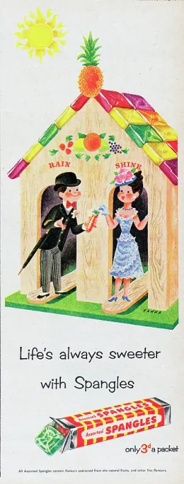 Gerahmter Druck : Spangles. 1954: Anzeige für Spangles mit einem Wetterhäuschen und dem Untertitel Gerahmter Druck : Spangles. 1954: Anzeige für Spangles mit einem Wetterhäuschen und dem Untertitel