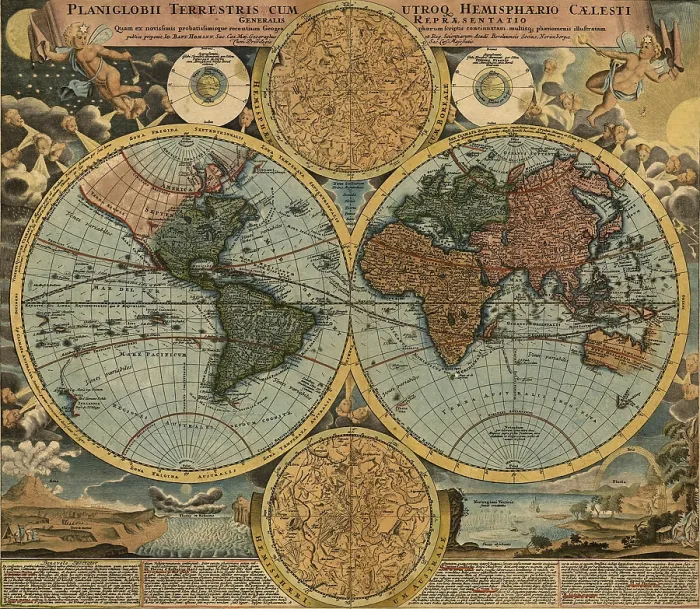 Gerahmter Druck : Weltkarte. Farbliche Illustration (von Johann Baptist Homann) zeigt eine Gerahmter Druck : Weltkarte. Farbliche Illustration (von Johann Baptist Homann) zeigt eine