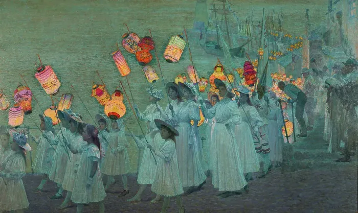 Gerahmter Druck : Festumarsch in einer kornischen Dorfgruppe, A.G.Sherwood Jäger (1846-1919) Gerahmter Druck : Festumarsch in einer kornischen Dorfgruppe, A.G.Sherwood Jäger (1846-1919)