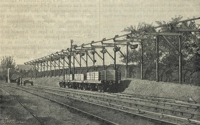 Gerahmter Druck : Telpherage: Die Drahtseilbahn der Sussex Cement Company in Glynde, Sussex, England, 1885. Gerahmter Druck : Telpherage: Die Drahtseilbahn der Sussex Cement Company in Glynde, Sussex, England, 1885.