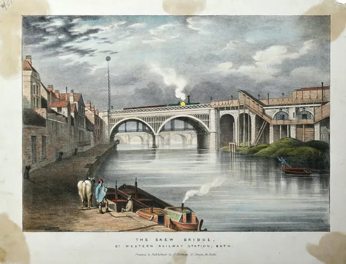 Gerahmter Druck : Bogenbrücke, Bahnhof Great Western Railway, Bath um 1840-70 (farbiger Lithograph auf Papier) Gerahmter Druck : Bogenbrücke, Bahnhof Great Western Railway, Bath um 1840-70 (farbiger Lithograph auf Papier)