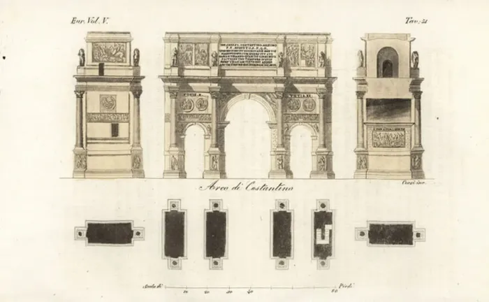 Gerahmter Druck : Pläne und Grundrisse des Konstantinsbogens, Rom, ein Triumphbogen, der zum Gedenken an die Sieg von Kaiser Konstantin über Maxentius erbaut wurde. Gerahmter Druck : Pläne und Grundrisse des Konstantinsbogens, Rom, ein Triumphbogen, der zum Gedenken an die Sieg von Kaiser Konstantin über Maxentius erbaut wurde.