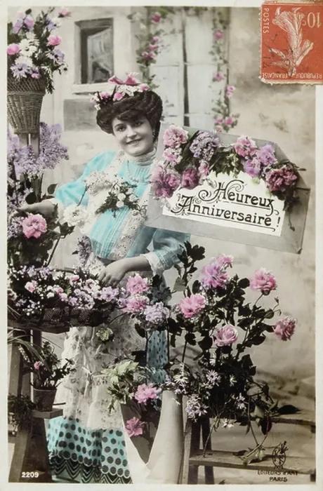 Gerahmter Druck : Französische Postkarte mit blumigen Elementen, 1900. Gerahmter Druck : Französische Postkarte mit blumigen Elementen, 1900.