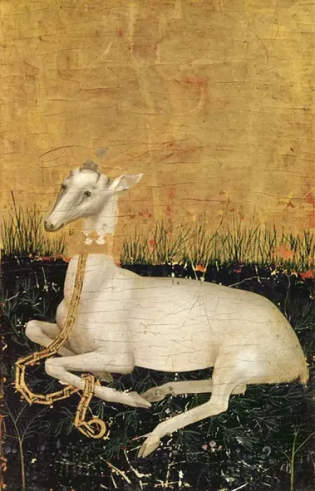 Gerahmter Druck : Weißer Hirsch aus dem Wilton-Diptych um ca. 1395-99 (Eiertempera auf Eiche) (Vorderseite) Gerahmter Druck : Weißer Hirsch aus dem Wilton-Diptych um ca. 1395-99 (Eiertempera auf Eiche) (Vorderseite)