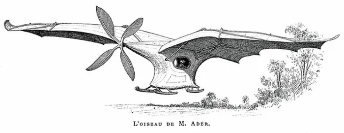 Gerahmter Druck : Clement Ader's flugender Vogel Eole (Aole). Spannweite von 15m, aus Holz und Aluminium gefertigt, es war das erste gesteuerte Flugzeug, das unter eigener Kraft abheben konnte, 9. Oktober 1890. Holzschnitt, Paris, 1891