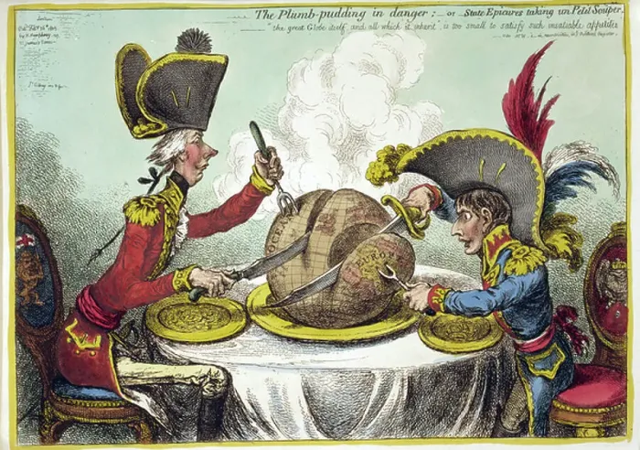 Gerahmter Druck : Der Plum-Pudding steht im Gefahr: William Pitt der Jüngere britischer Premierminister links und Napoleon I von Frankreich sitzen am Tisch das Globus zu karven welches für solche unstillbare Begierden zu klein ist. James Gilray, 1804 Gerahmter Druck : Der Plum-Pudding steht im Gefahr: William Pitt der Jüngere britischer Premierminister links und Napoleon I von Frankreich sitzen am Tisch das Globus zu karven welches für solche unstillbare Begierden zu klein ist. James Gilray, 1804