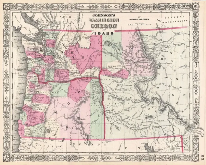 Gerahmter Druck : 1864, Karte von Johnson über Washington, Oregon und Idaho, Topographie, Kartografie, Geographie Gerahmter Druck : 1864, Karte von Johnson über Washington, Oregon und Idaho, Topographie, Kartografie, Geographie