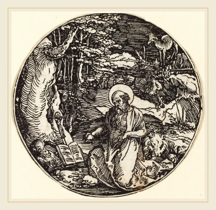 Gerahmter Druck : Zugeschrieben an Hans Springinklee (deutsch, aktiv 1512-1522), Heiliger Jeronimus im Gebet Gerahmter Druck : Zugeschrieben an Hans Springinklee (deutsch, aktiv 1512-1522), Heiliger Jeronimus im Gebet