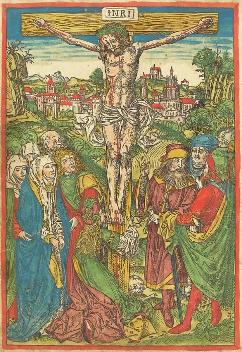 Gerahmter Druck : Zugeschrieben an Michael Wolgemut (deutsch, 1434 - 1519), Die Kreuzigung mit der heiligen Maria Magdalena Gerahmter Druck : Zugeschrieben an Michael Wolgemut (deutsch, 1434 - 1519), Die Kreuzigung mit der heiligen Maria Magdalena