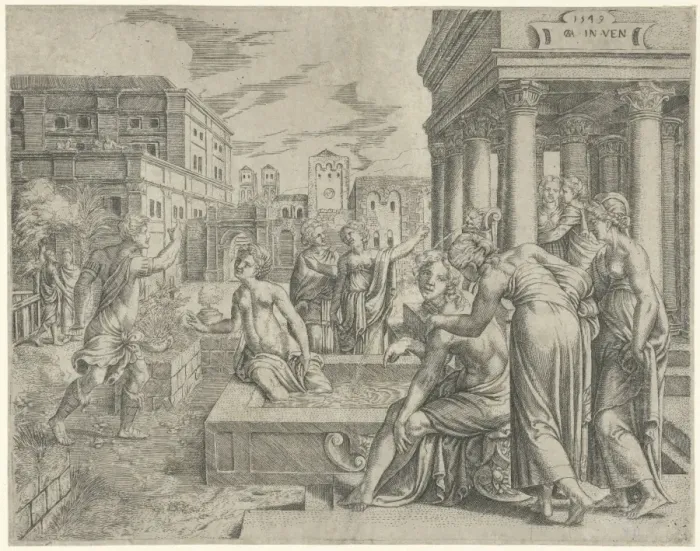 Gerahmter Druck : Die Bathseba erhält das Nachrichten von David, Cornelis Massijs, 1549 Gerahmter Druck : Die Bathseba erhält das Nachrichten von David, Cornelis Massijs, 1549