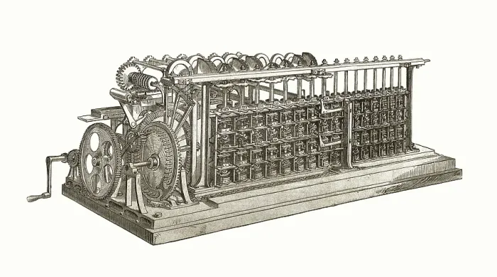 Gerahmter Druck : Die Differenzmaschine von Charles Babbage, die erste Computerbausart des 19. Jahrhunderts