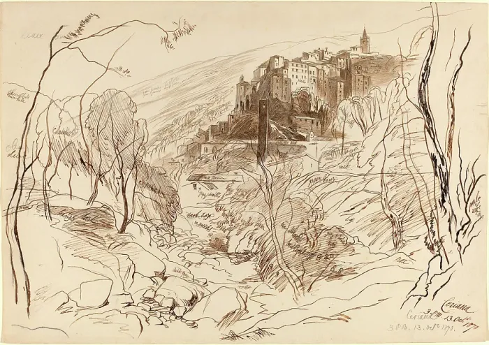 Gerahmter Druck : Edvard Löer (Britisch, 1812-1888), Blick auf Ceriana, um 1870 mit Feder und braunem Tinte über Gerahmter Druck : Edvard Löer (Britisch, 1812-1888), Blick auf Ceriana, um 1870 mit Feder und braunem Tinte über