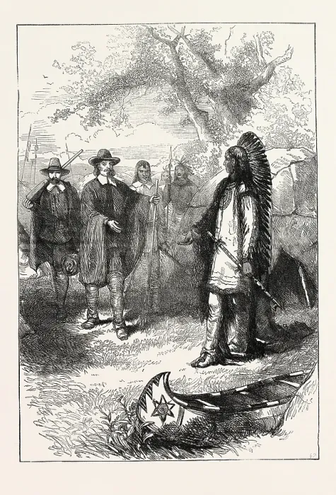 Gerahmter Druck : Edward Winslows Besuch bei Massasoit, der Sachem oder Führer der Wampanoag Gerahmter Druck : Edward Winslows Besuch bei Massasoit, der Sachem oder Führer der Wampanoag