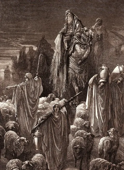 Gerahmter Druck : Jacob geht in Ägypten (Jacques going into Egypt), von Gustave Doré. Gustav Doré, 1832-1883, Französischer Maler und Radierer