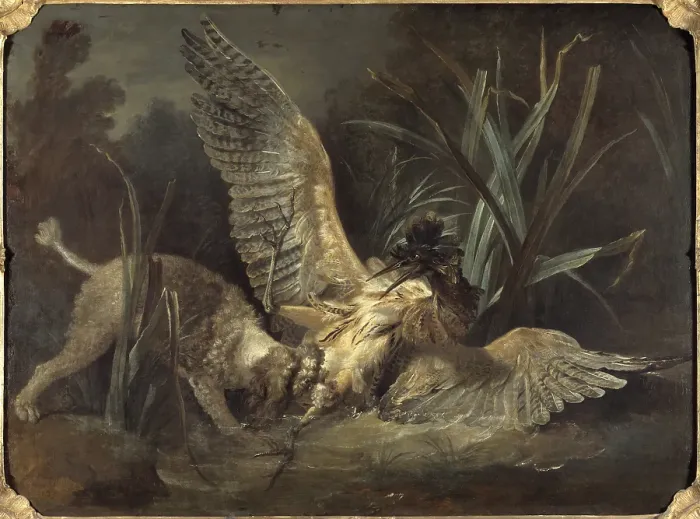 Gerahmter Druck : Jean-Baptiste Oudry Spaniel Bittern Poodle.