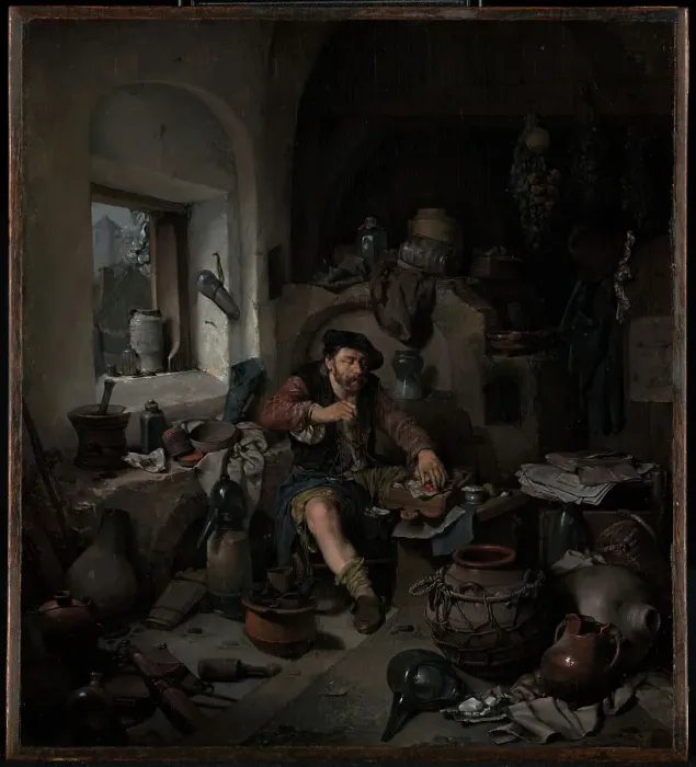 Gerahmter Druck : Der Alchemiste, 1663. Schöpfer: Cornelis Bega Gerahmter Druck : Der Alchemiste, 1663. Schöpfer: Cornelis Bega