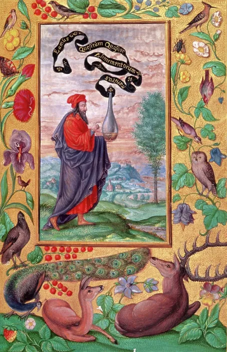 Gerahmter Druck : Ein Alchemist mit einem Flaschen, 1582. Künstler: Unbekannt. Gerahmter Druck : Ein Alchemist mit einem Flaschen, 1582. Künstler: Unbekannt.