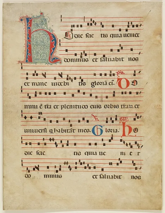 Gerahmter Druck : Antiphonarblatt: Text mit musikalischer Notation mit ornamentalem Initial H, spät 14. Jahrhundert. Schöpfer: Unbekannt. Gerahmter Druck : Antiphonarblatt: Text mit musikalischer Notation mit ornamentalem Initial H, spät 14. Jahrhundert. Schöpfer: Unbekannt.