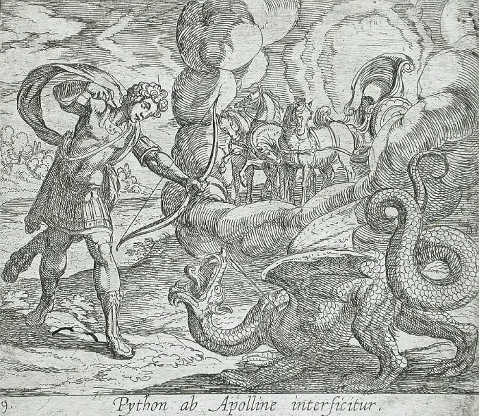 Gerahmter Druck : Apollo tötet den Python, veröffentlicht 1606. Ersteller: Antonio Tempesta, Wilhelm Janson Gerahmter Druck : Apollo tötet den Python, veröffentlicht 1606. Ersteller: Antonio Tempesta, Wilhelm Janson