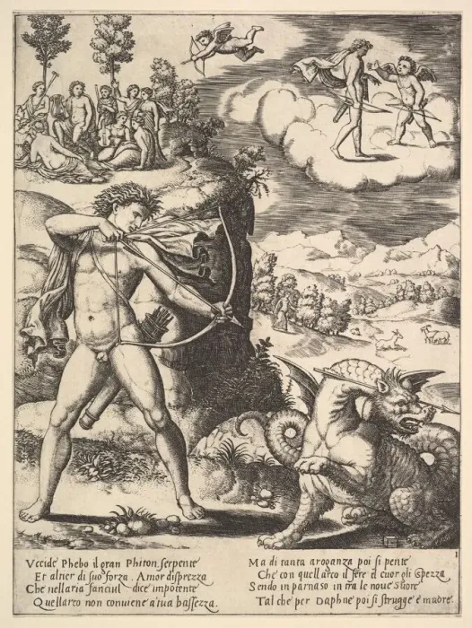 Gerahmter Druck : Apollos steht links und schießt eine Python mit einem Pfeil, oben links stehen die Muse Gerahmter Druck : Apollos steht links und schießt eine Python mit einem Pfeil, oben links stehen die Muse