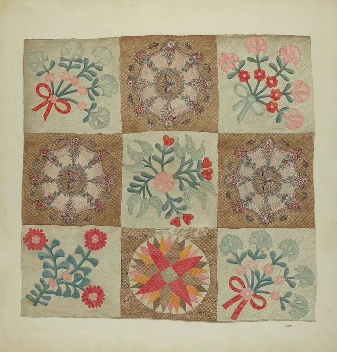 Gerahmter Druck : Patchwork- und Applikationsdecke, um ca. 1939 von A.Zimet erstellt Gerahmter Druck : Patchwork- und Applikationsdecke, um ca. 1939 von A.Zimet erstellt