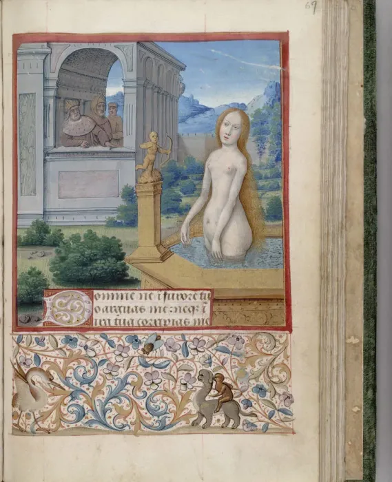 Gerahmter Druck : Bathscheba badend ( Buch der Stunden ), 1485-1499. Künstler: Bourdichon, Jean (1457-1521)