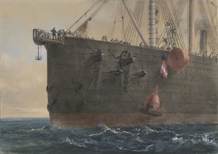 Gerahmter Druck : Im Bogen des Great Eastern: Der Kabel gebrochen und verloren, sich auf das Greifen vorzubereiten. Gerahmter Druck : Im Bogen des Great Eastern: Der Kabel gebrochen und verloren, sich auf das Greifen vorzubereiten.