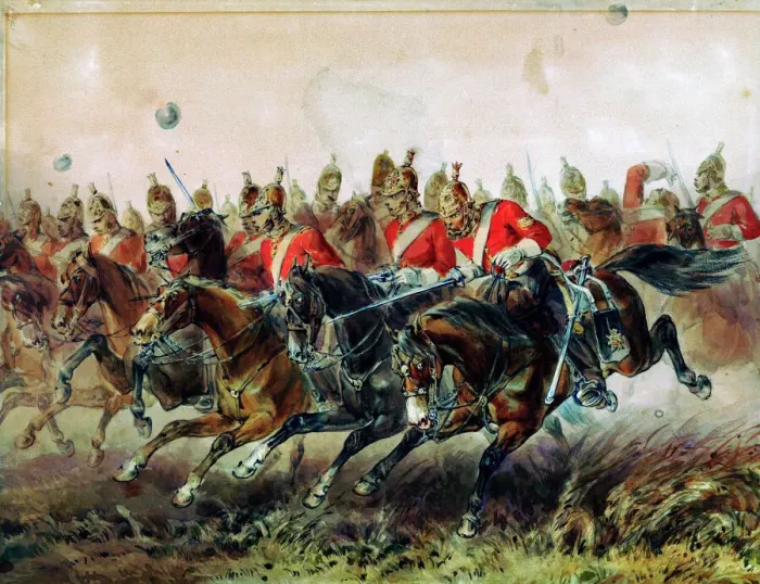 Gerahmter Druck : Die Ladung der Leichtbrigade während des Gefechts von Balaklava im Jahr 1854. Künstler: Hayes Gerahmter Druck : Die Ladung der Leichtbrigade während des Gefechts von Balaklava im Jahr 1854. Künstler: Hayes