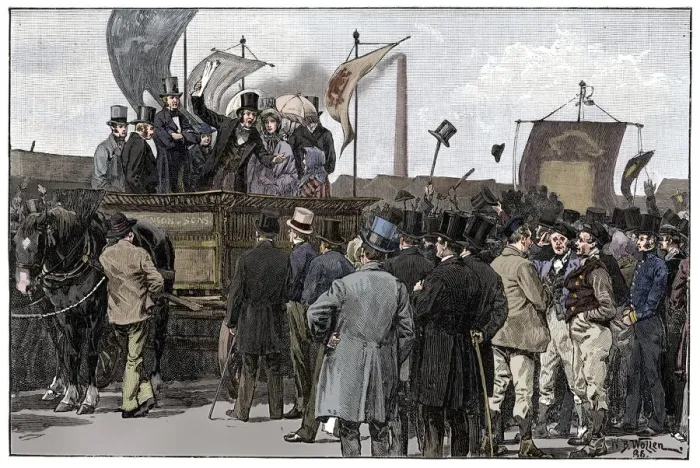 Gerahmter Druck : Die Chartistendemonstration auf dem Kennington-Common, 1848. Künstler: William Barnes Wollen Gerahmter Druck : Die Chartistendemonstration auf dem Kennington-Common, 1848. Künstler: William Barnes Wollen