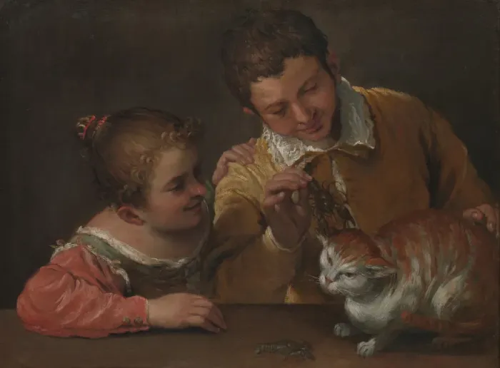 Gerahmter Druck : Zwei Kinder beschimpfen einen Katzen, Künstler: Annibale Carracci Gerahmter Druck : Zwei Kinder beschimpfen einen Katzen, Künstler: Annibale Carracci