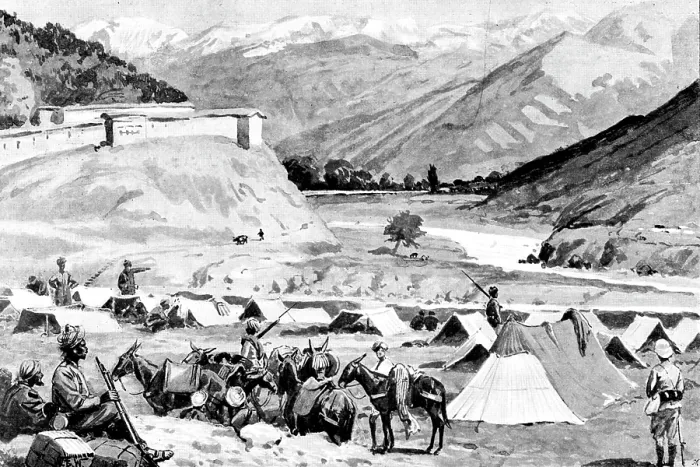 Gerahmter Druck : Die Chitral-Expedition: Post von Janbatai, auf der Straße nach Dir, Blick in die Barawal-Tal, 1895. Künstler: George Meisenbach