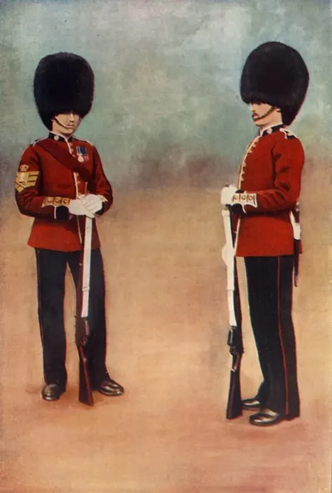 Gerahmter Druck : Farb-Sergeant und Private, die Scots Guards, 1900. Ersteller: Gregory and Co Gerahmter Druck : Farb-Sergeant und Private, die Scots Guards, 1900. Ersteller: Gregory and Co