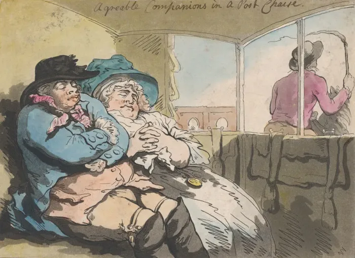 Gerahmter Druck : Ein angenehmer Schlaf in einer Postkutsche am 29. Dezember 1788; Der 29. Dezember ist wieder einmal der gleiche Tag wie gestern und vorher: Am Ende des Tages liegt man oft nicht mehr imstande, etwas zu tun oder an die morgen zu denken