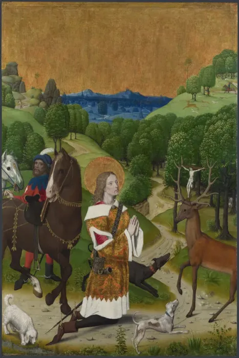 Gerahmter Druck : Die Taufe des Heiligen Hubertus. Vorhang aus dem Werden-Altarbildnis um 1485 von Meister der Leben Mariens (*aktive Zeitraum: 1463 - 1490) Gerahmter Druck : Die Taufe des Heiligen Hubertus. Vorhang aus dem Werden-Altarbildnis um 1485 von Meister der Leben Mariens (*aktive Zeitraum: 1463 - 1490)