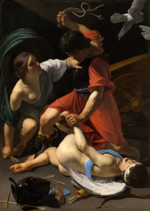 Gerahmter Druck : Kupids zurechtgewiesen, 1613. Schöpfer: Bartolomeo Manfredi Gerahmter Druck : Kupids zurechtgewiesen, 1613. Schöpfer: Bartolomeo Manfredi