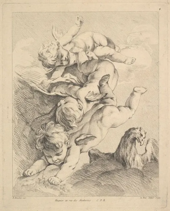 Gerahmter Druck : Drei Kupferlinge springen einen Sprung, ein Adler auf der rechten Seite. Künstler: Louis Félix de La Rue Gerahmter Druck : Drei Kupferlinge springen einen Sprung, ein Adler auf der rechten Seite. Künstler: Louis Félix de La Rue