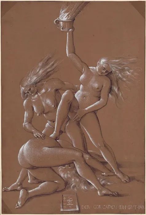 Gerahmter Druck : Ein Weihnachtsgruß mit drei Hexen, 1514. Künstler: Baldung, Hans (1484-1545)