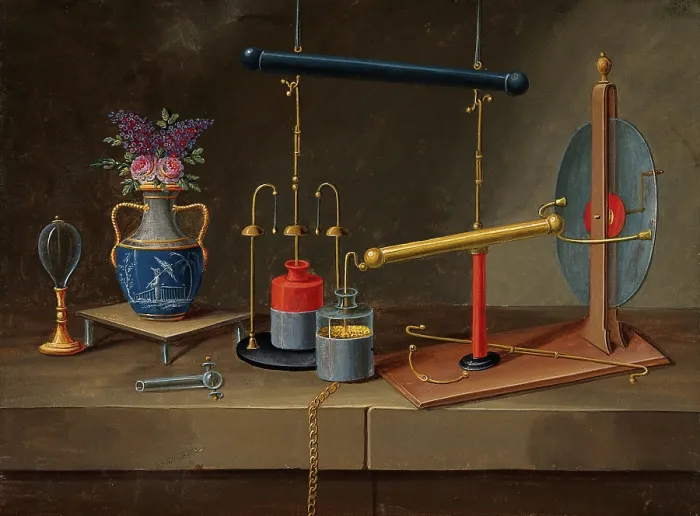 Gerahmter Druck : Elektrizität: kondensatorgläser, ein elektrostatischer Generator und eine Vase mit Blumen, (18--?). Schöpfer: Paul Lelong. Gerahmter Druck : Elektrizität: kondensatorgläser, ein elektrostatischer Generator und eine Vase mit Blumen, (18--?). Schöpfer: Paul Lelong.