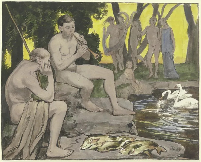 Gerahmter Druck : Die Elysischen Felder (Tanzerinnen), 1890. Künstler: Hans Thoma Gerahmter Druck : Die Elysischen Felder (Tanzerinnen), 1890. Künstler: Hans Thoma